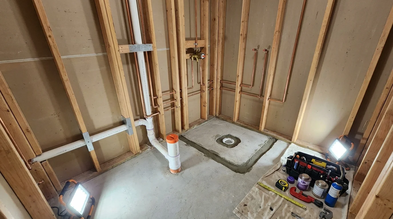 Bathroom rough-in plumbing during remodel by Johns Plumbing LLC in Chesterland
