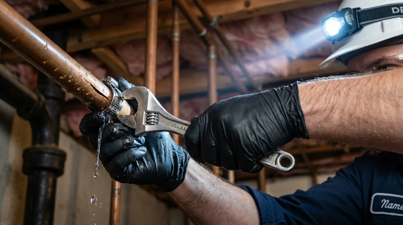 Emergency pipe clamp repair being performed by a Johns Plumbing LLC plumber in Chesterland