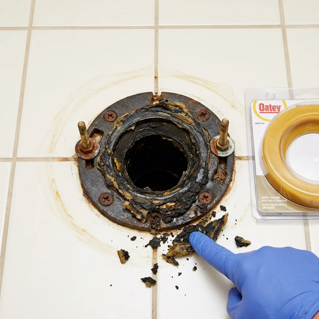 Failed wax ring showing water seepage at the base of a toilet in a Chesterland, OH home