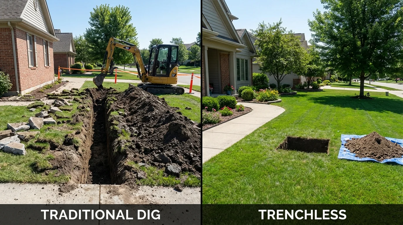 Trenchless sewer repair with minimal yard damage versus traditional excavation in Chesterland, OH