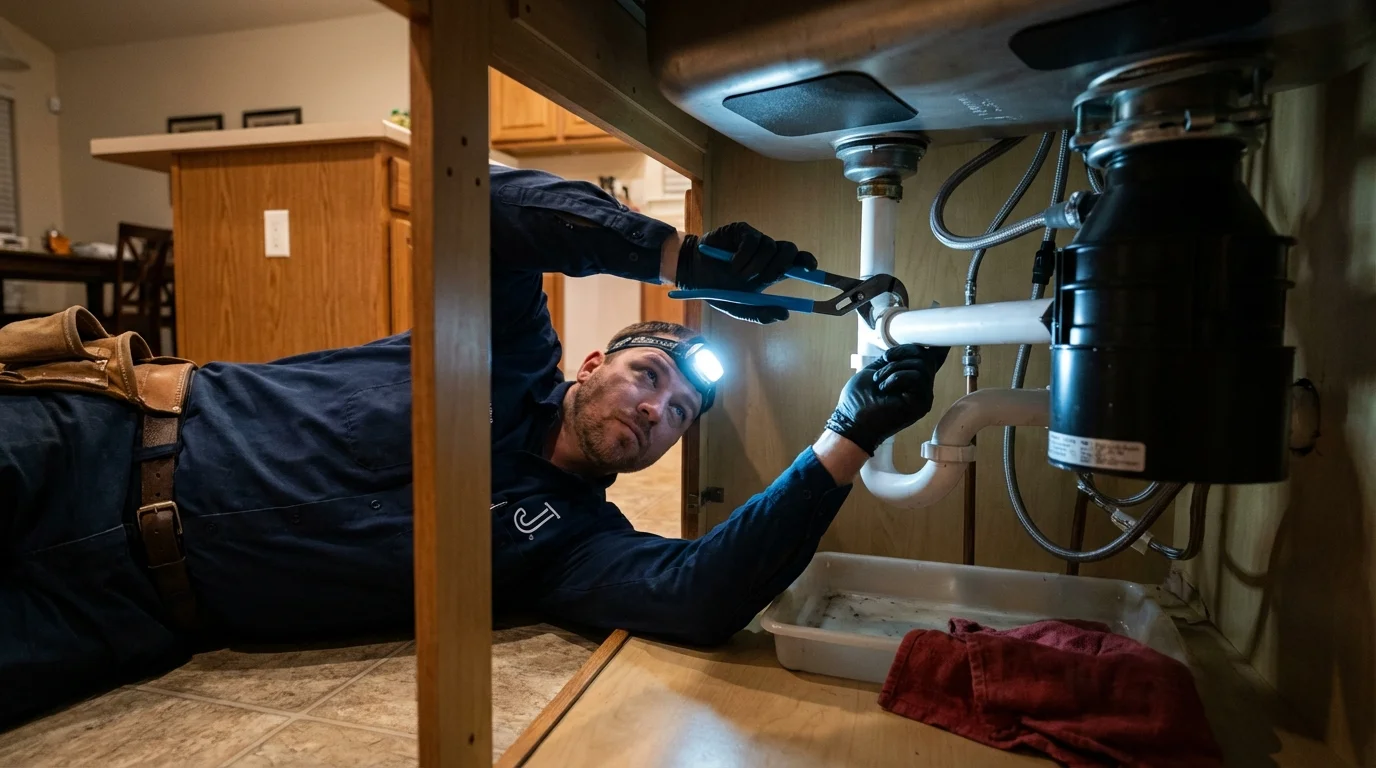 P-trap and supply line connections under a kitchen sink showing a common leak point in Chesterland, OH